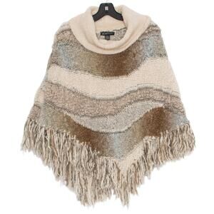 INC Womens Sweater Poncho Cowl Neck Fringe Wool Blend Stripe Size M/L Petite ET